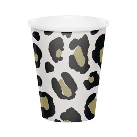 Bicchiere di Carta 266ml con Macchie di Leopardo Nero e Oro 8pz Animal Print "Safari"