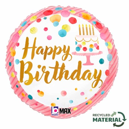 Palloncino in Foil 18" Happy Birthday Bianco e Rosa a Pois Multicolor Happy Birthday Grabo