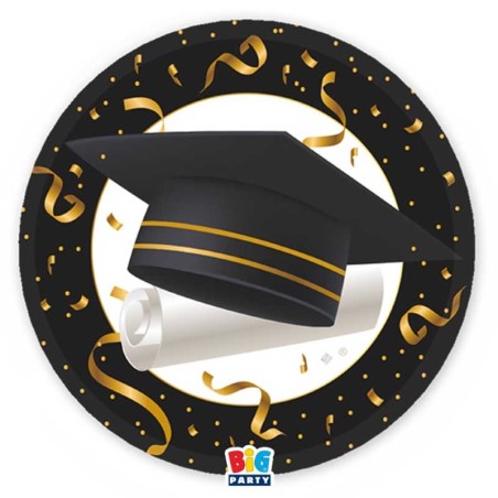 Piatto di Carta 22cm Laurea Nero e Oro "Graduation" 6pz Tavola Laurea