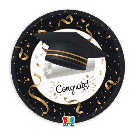 Piatto di Carta 18cm Laurea Nero e Oro "Graduation" 6pz Tavola Laurea