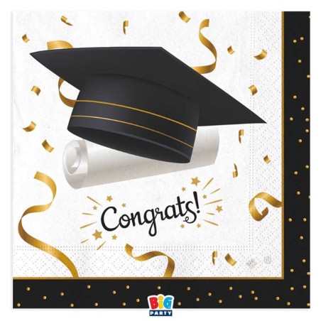 Tovagliolo di Carta 33x33cm Laurea Nero e Oro "Graduation" 16pz Tavola Laurea