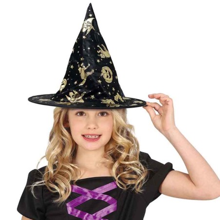 Cappello da Strega Nero con Simboli di Halloween Oro Accessori Persona Halloween