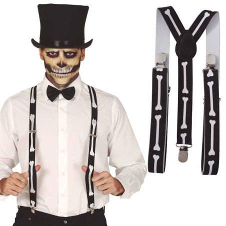 Bretelle in Tessuto Nero con Ossa di Scheletro Bianche Accessori Persona Halloween