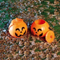 Secchiello di Plastica con Coperchio Porta Caramelle Zucca 17cm Accessori Tavola Halloween