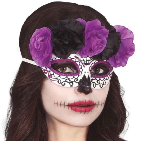 Mascherina Glitterata "Catrina" con Fiori Viola e Neri Accessori Persona Halloween