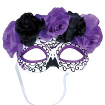 Mascherina Glitterata "Catrina" con Fiori Viola e Neri Accessori Persona Halloween