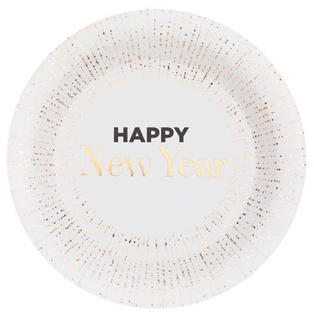 Piatto di Carta 23cm Capodanno Bianco "Happy New Year" 10pz Happy New Year Bianco