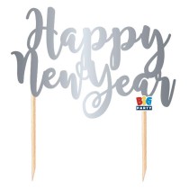 Cake Topper di Carta 20cm Argento Metallizzato "Happy New Year" Accessori Tavola Natale e Capodanno