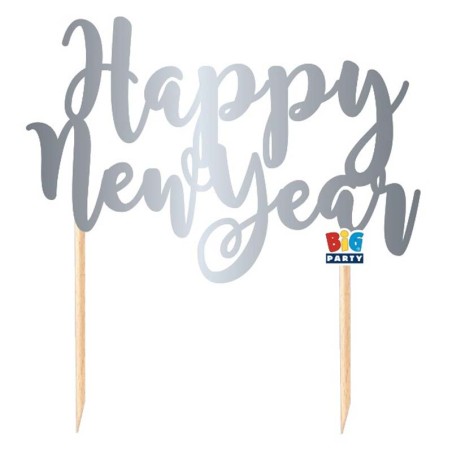 Cake Topper di Carta 20cm Argento Metallizzato "Happy New Year" Accessori Tavola Natale e Capodanno