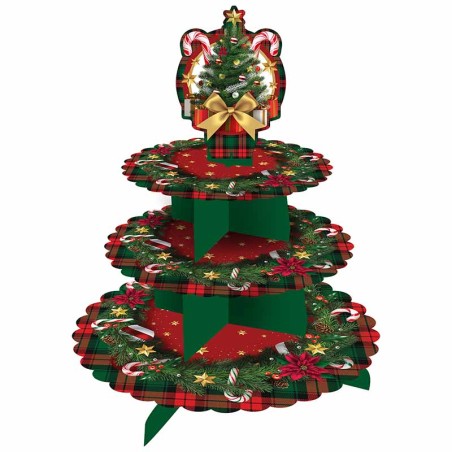 Alzatina 3 Piani di Carta Tartan con Ghirlanda e Albero di Natale Accessori Tavola Natale e Capodanno