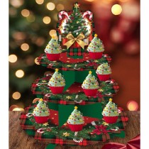 Alzatina 3 Piani di Carta Tartan con Ghirlanda e Albero di Natale Accessori Tavola Natale e Capodanno