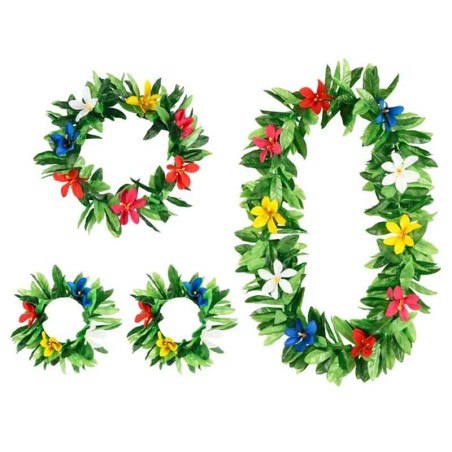 Kit Hawaiano con Foglie e Fiori di Stoffa 4pz Accessori Persona Tropicali