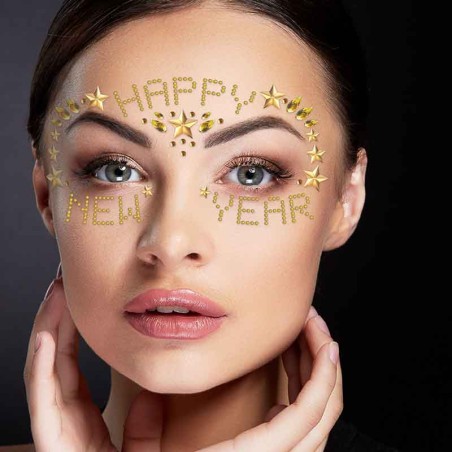 Gioielli Adesivi 3D con Pietre Oro per Capodanno "Happy New Year" Accessori Persona Natale e Capodanno