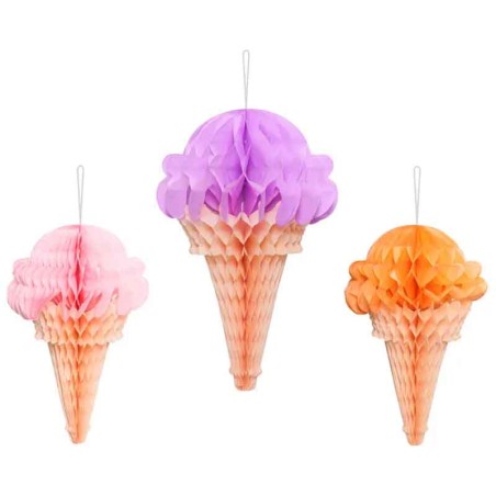 Decorazione di Carta a Nido d'Ape di Cono Gelato 3pz Addobbi e Palloncini Tema Dolci