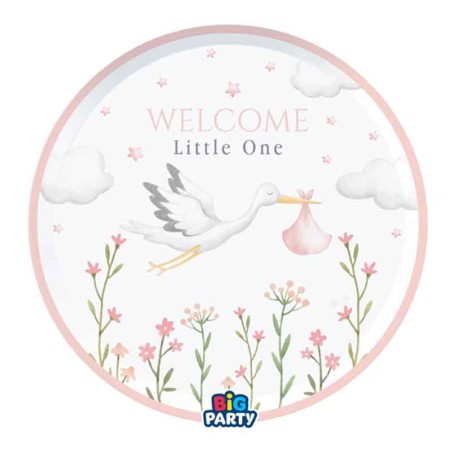 Piatto di Carta 18cm Cicogna Rosa "Welcome Little One Pink" 6pz Welcome Little One Pink