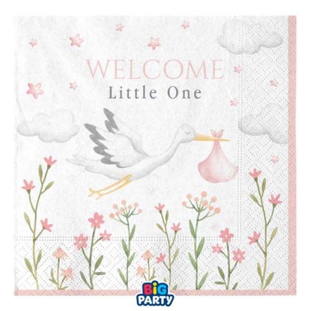 Tovagliolo di Carta 33x33cm Cicogna Rosa "Welcome Little One Pink" 16pz Welcome Little One Pink