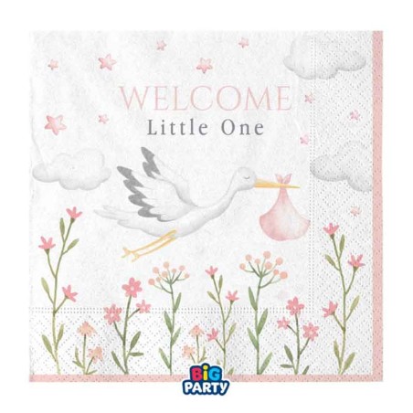 Tovagliolino di Carta 25x25cm Cicogna Rosa "Welcome Little One Pink" 16pz Welcome Little One Pink