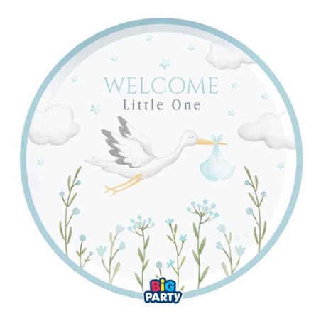 Piatto di Carta 18cm Cicogna Celeste "Welcome Little One Blue" 6pz Welcome Little One Blue