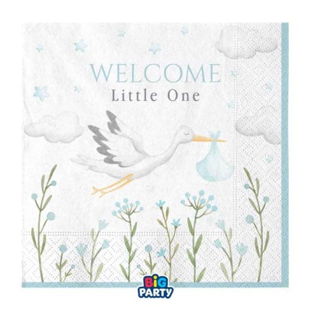 Tovagliolino di Carta 25x25cm Cicogna Celeste "Welcome Little One Blue" 16pz Welcome Little One Blue