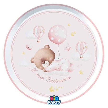 Piatto di Carta 24cm Battesimo Orsetto Rosa "Baby Bear" 6pz Battesimo Baby Bear Rosa