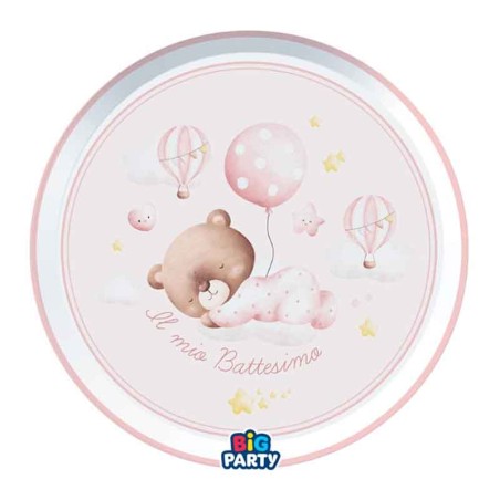 Piatto di Carta 18cm Battesimo Orsetto Rosa "Baby Bear" 6pz Battesimo Baby Bear Rosa