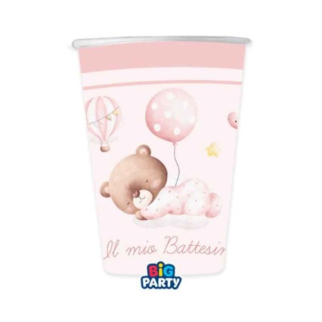 Bicchiere di Carta 250ml Battesimo Orsetto Rosa "Baby Bear" 6pz Battesimo Baby Bear Rosa