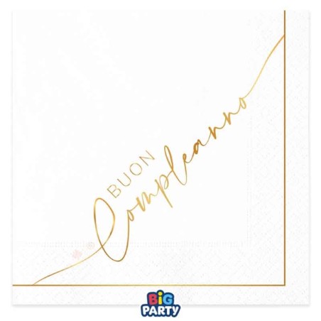 Tovagliolo di Carta 33x33cm Buon Compleanno "White & Gold" 16pz Buon Compleanno White & Gold