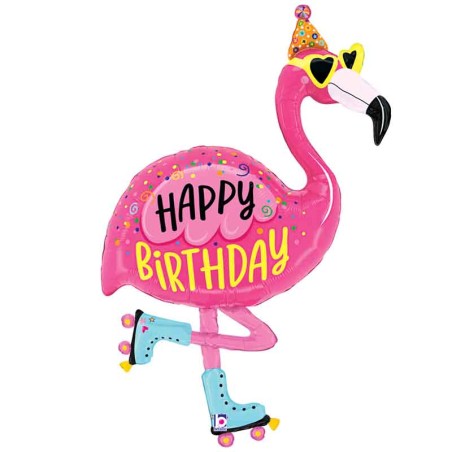 Palloncino in Foil 52" Super Shape Happy Birthday sagomato Fenicottero Happy Birthday Grabo