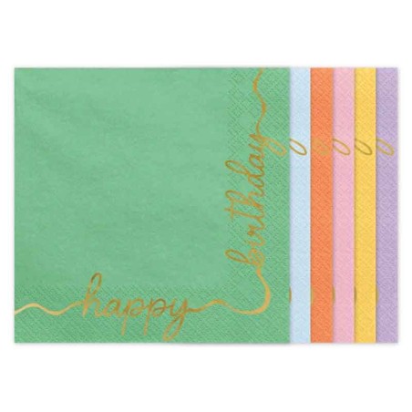 Tovagliolo di Carta Assortito Colori Pastello e Oro "Happy Birthday" 12pz Festa Tema Macaron