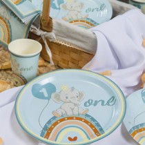 Piatto di Carta 24cm Elefantino "One Birthday Boho Blue" 8pz One Birthday Boho Blue