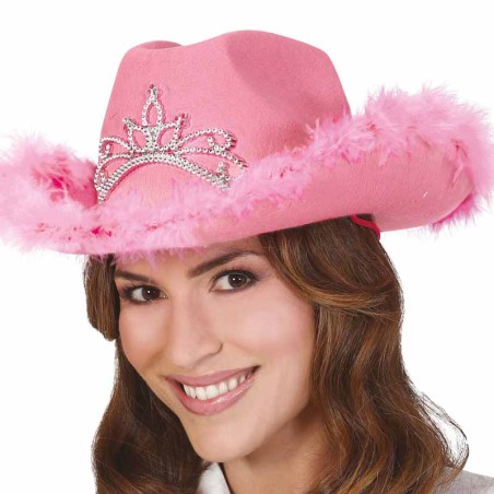 Cappello da Cowgirl Rosa con Piume e Diadema Argento Festa Tema Country
