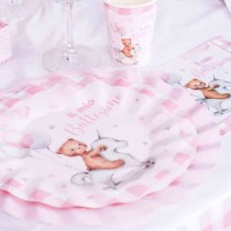 Piatto di Carta 20cm Battesimo Rosa "Teddy Bear" 8pz Battesimo Teddy Rosa