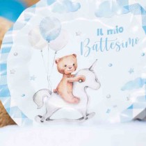 Piatto di Carta 25cm Battesimo Celeste "Teddy Bear" 8pz Battesimo Teddy Celeste