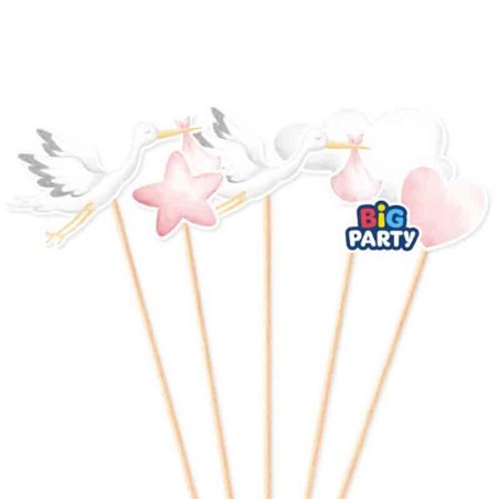 Mini Cake Topper di Carta Cicogna Rosa "Welcome Little One Pink" 5pz Welcome Little One Pink