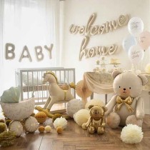 Palloncino in Foil 44" Standup Orsetto Crema con Fiocco Oro Nascita e Battesimo