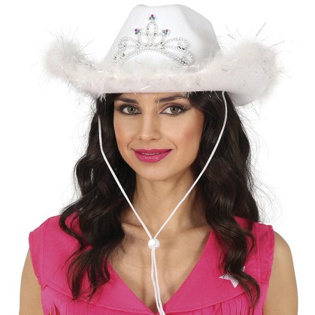 Cappello da Cowgirl Bianco con Piume e Diadema Argento