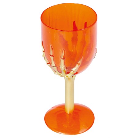 Calice di Vino di Plastica Arancione con Mano Scheletrica Oro Accessori Tavola Halloween