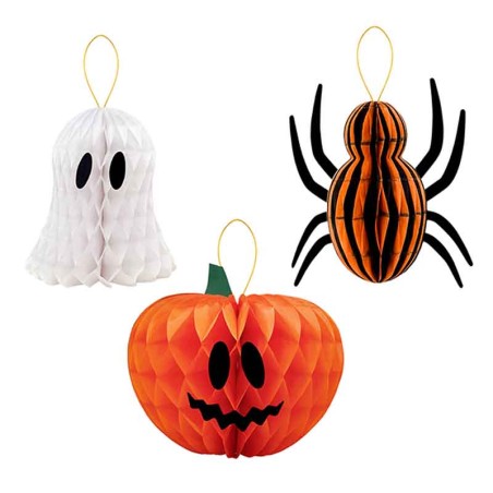 Decorazione di Carta a Nido d'Ape Fantasma, Ragno e Zucca 3pz Addobbi e Festoni Halloween