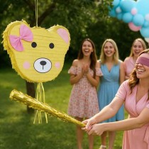 Pignatta in Cartoncino Rigido sagomata Orsetto Fiocco Rosa "Pinata" Pignatte Fantasia
