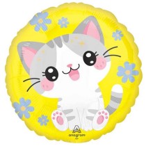 Palloncino in Foil 18" Giallo decorato con Gattini e Fiorellini Animali (Fattoria e Domestici)