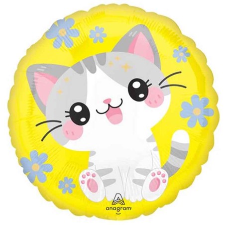 Palloncino in Foil 18" Giallo decorato con Gattini e Fiorellini Animali (Fattoria e Domestici)