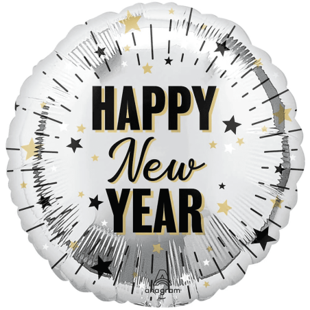 Palloncino in Foil 18" Argento Lucido con Stelline "Happy New Year" Capodanno