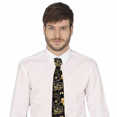 Cravatta Lucida Nera e Oro "Happy New Year" Accessori Persona Natale e Capodanno