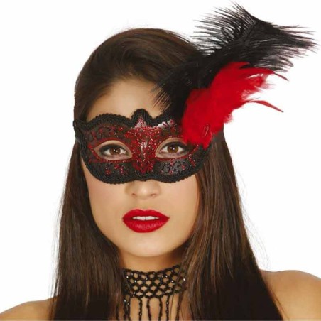 Mascherina decorata con Ghirigori, Alamari e Piuma 1pz Carnevale