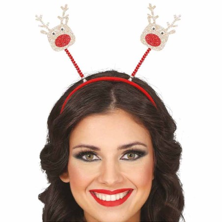 Cerchietto Antenne con 2 Teste di Renna Glitterate Accessori Persona Natale e Capodanno