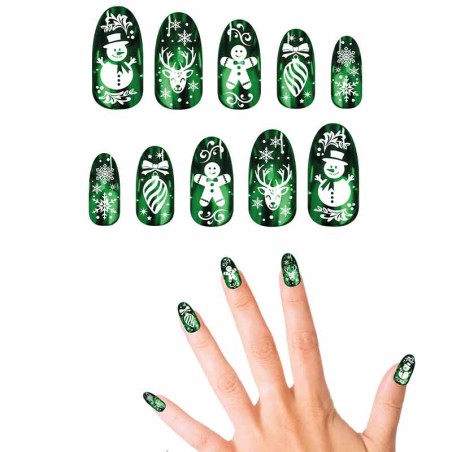 Unghie Finte Verdi e Bianche con decori natalizi 12pz Accessori Persona Natale e Capodanno