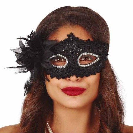 Mascherina Nera in Pizzo e Paillettes con Fiore 1pz Carnevale