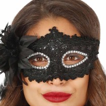 Mascherina Nera in Pizzo e Paillettes con Fiore 1pz Carnevale