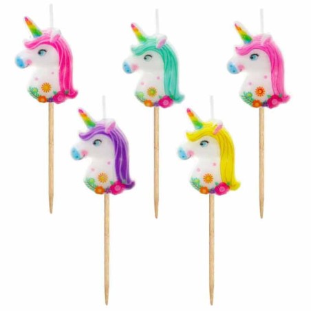 Candelina Picks sagomata Unicorno "Unicorn" 5pz Candeline Sagomate Fantasia