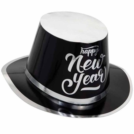 Cilindro Nero con scritta Argento Metallizzato "Happy New Year" Accessori Persona Natale e Capodanno